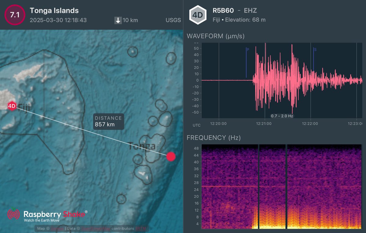 A M7.1 earthquake has occurred in the Tonga region at 12:18am FJT. It poses no threat to the Fiji region as per the Pacific Tsunami Warning Center. Recorded on my <a href="/raspishake/">Raspberry Shake</a> in Suva.