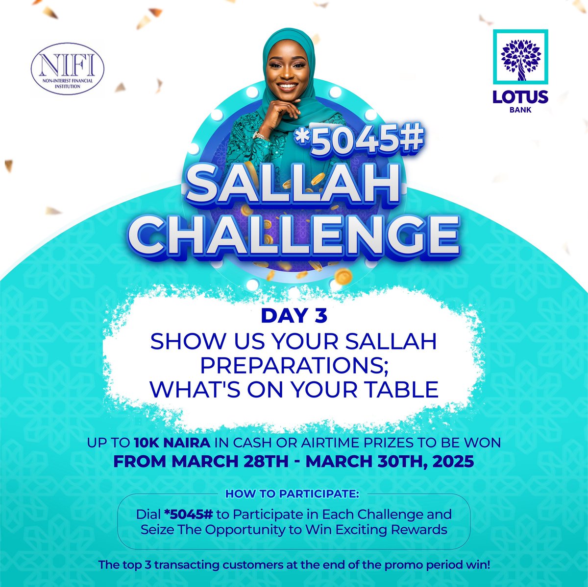 SALLAH CHALLENGE – DAY 3 🌟 Sallah is a time for giving! Show us your Sallah preparations. Use *5045# to make your transactions! The TOP transacting customers take home amazing rewards! 🎊 ⏳ Final run! Ends March 30th! Don’t miss out! 🏆 #SallahAwoof #5045Challenge