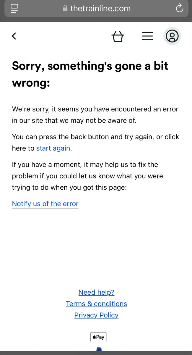 Scottreeves2012's tweet photo. @thetrainline Tried to book tickets but it’s coming up with this issue on the website and the app https://t.co/TfaNDMYjkG