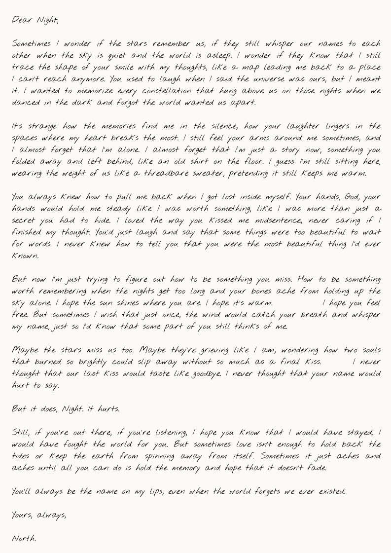 alternatepen's tweet photo. "To My Night, When the Stars Forget Us."
a letter from North to Night
#NorthNight one shot https://t.co/ifSLhqW1nx