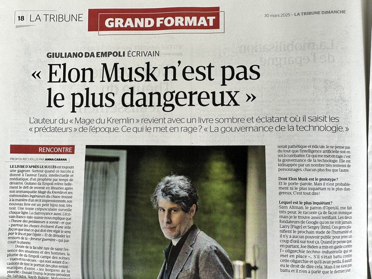 Ramon Fernandez (@rfernandez) on Twitter photo « Je ne pense pas du tout que l'intelligence artificielle soit en soi à combattre. Ce qui me met en rage, c'est la gouvernance de la technologie. Elle est kidnappée par un nombre trÚs restreint de personnages, chacun plus fou que l'autre. » Hùte de lire .<a href="/giulianode/">giuliano da empoli</a> #Prédateurs « Je ne pense pas du tout que l'intelligence artificielle soit en soi à combattre. Ce qui me met en rage, c'est la gouvernance de la technologie. Elle est kidnappée par un nombre trÚs restreint de personnages, chacun plus fou que l'autre. » Hùte de lire .<a href="/giulianode/">giuliano da empoli</a> #Prédateurs
