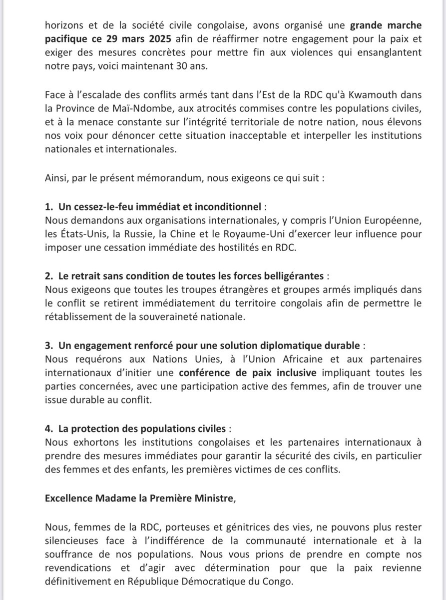 LinaPembe's tweet photo. 📜 Ci-joints, notre mémorandum adressé à la Première Ministre #RDC, aux institutions internationales et aux Chancelleries. À toutes et à tous, MERCI !!!
#FemmesSolidaires #Paix
#Souveraineté #solidarite https://t.co/zWbA56A7ku