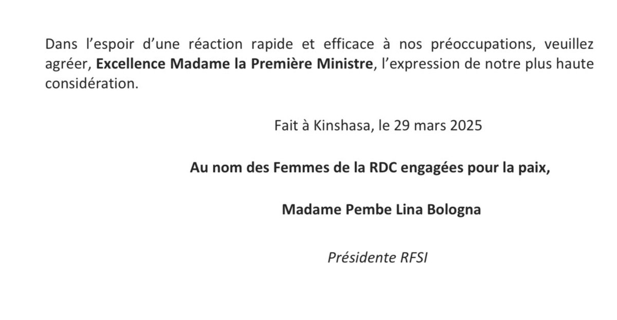 📜 Ci-joints, notre mémorandum adressé à la Première Ministre #RDC, aux institutions internationales et aux Chancelleries. À toutes et à tous, MERCI !!!
#FemmesSolidaires #Paix
#Souveraineté #solidarite
