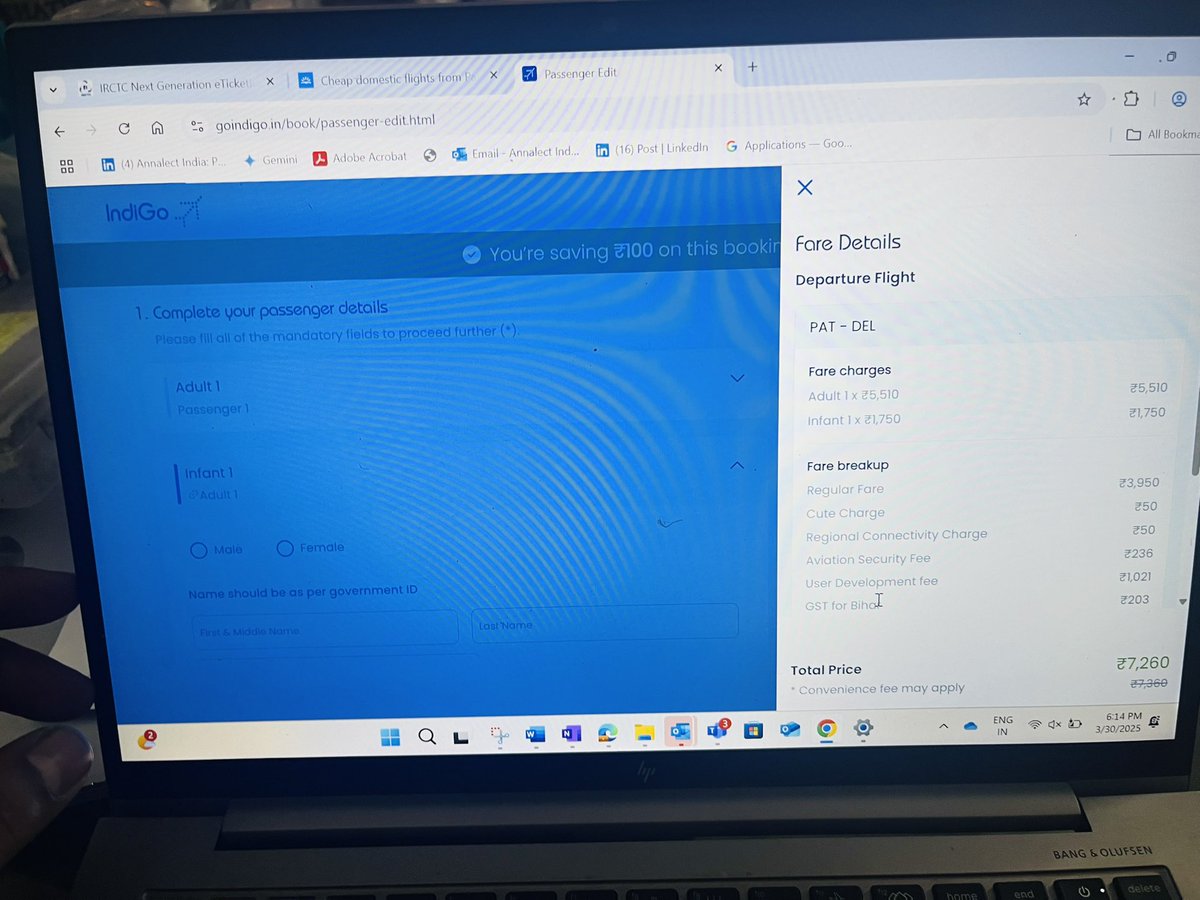 destinedroads's tweet photo. I fail to understand the unnecessary add ons in the fare for a flight for 2 hours. Can u help me understand @IndiGo6E what is a Cute Charge?, Aviation security fee?, I am surprised how you are trying to loot using the name of this useless charges. Boycott @IndiGo6E https://t.co/bnAoNhpfl1