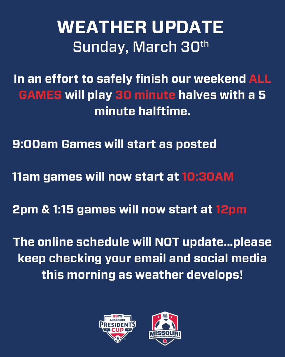 Sunday, March 30th Weather Update: Please monitor social media for weather and game schedule updates. Online schedules will not reflect real-time changes!