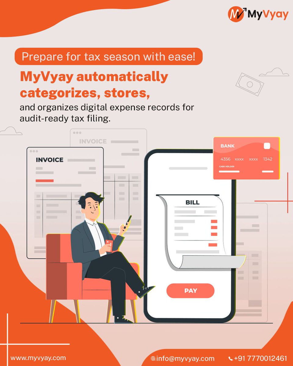 MyVyay's tweet photo. Prepare for tax season with ease! MyVyay automatically categorizes, stores, and organizes digital expense records for audit-ready tax filing.

DM TO KNOW MORE ABOUT US.
Website: https://t.co/iJPl39jFsI

#myvyay  #budgetmnitoring #corporatesolutions #realtimetracking https://t.co/DvZb7p2JP1