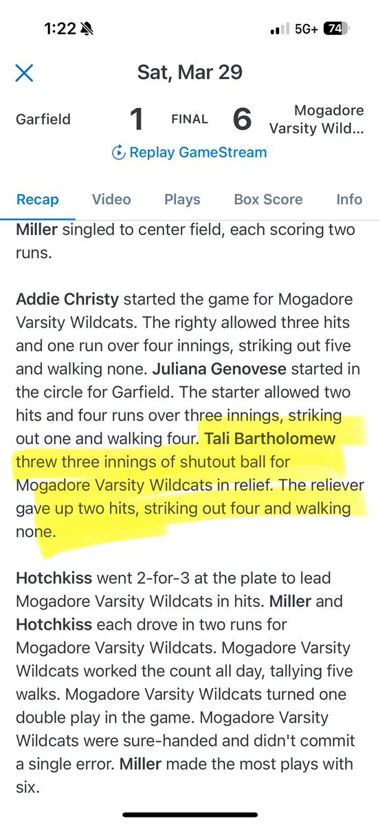 Freshman <a href="/Talibartholome5/">Tali Bartholomew</a> with her first Varsity Game and win! 🥎