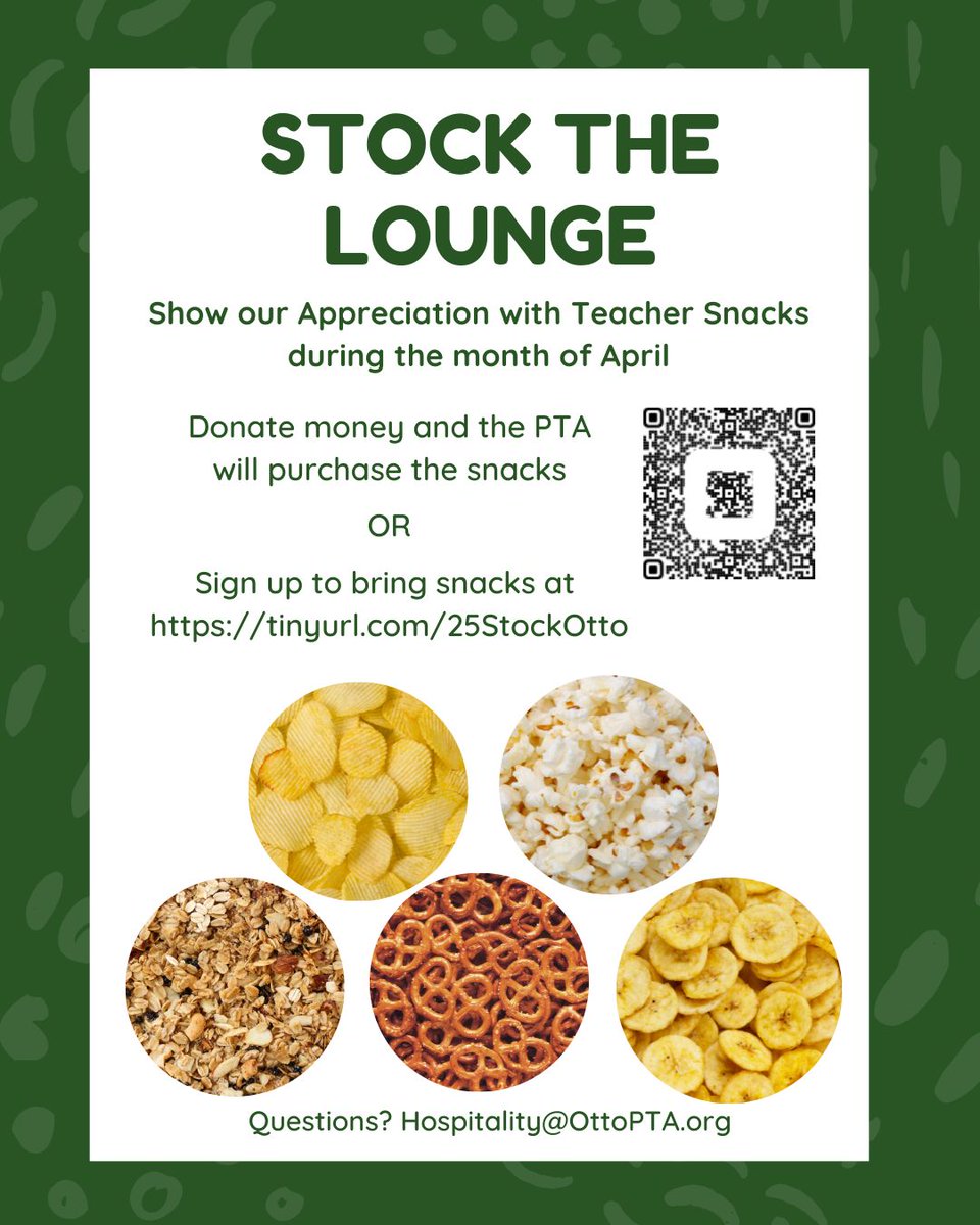 Two months left!  Let's show our teachers some love by treating them in April!  Donate at square.link/u/GYi86Kg and the PTA will shop for you or signup for items at tinyurl.com/25StockOtto