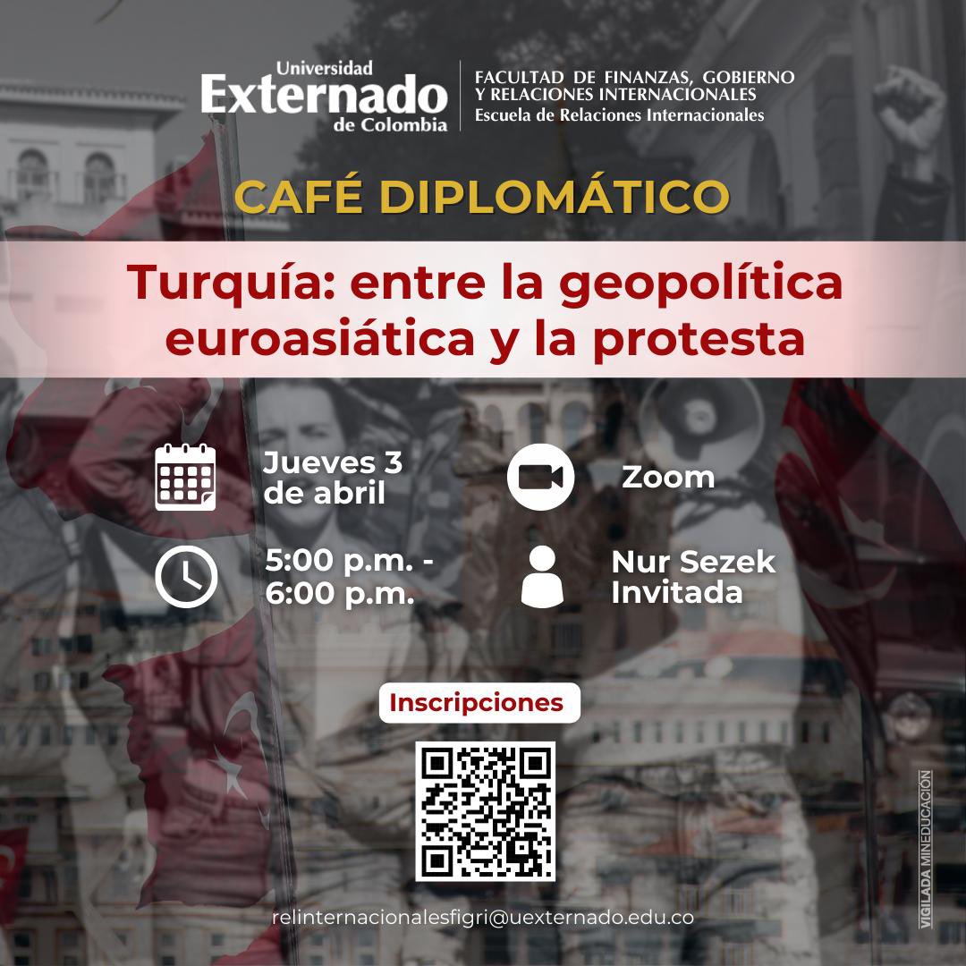 ☕️🌎En el Café Diplomático de esta semana, Turquía: entre la geopolítica euroasiática y la protesta.
.
🗓️jueves 3 de abril
⏰5:00 p.m.
📍Zoom
👩🏻‍🏫Nur Sezek <a href="/enursezek/">Nur Sezek</a> 
.
✍🏻Registro previo: bit.ly/3FBYrpE