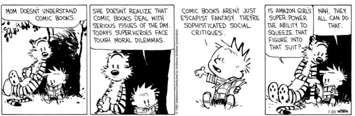 Calvinn_Hobbes's tweet photo. Calvin says comics are deep social critiques! 🦸♂️ Hobbes isn’t sold—does Amazon Girl’s tight suit power count? #CalvinAndHobbes #ComicDebate https://t.co/ZYAM22y6kS