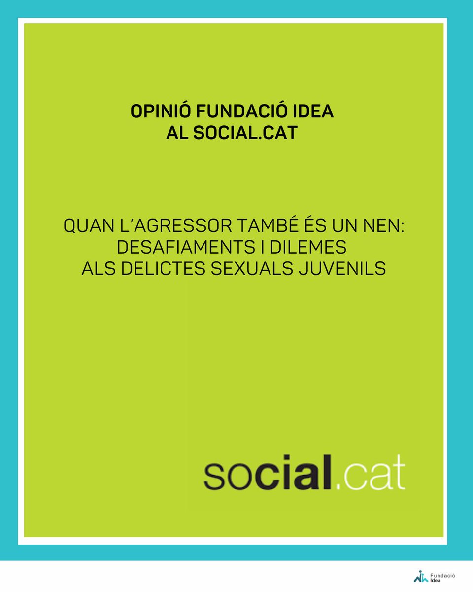 Nou article d'opinió de Fundació Idea al <a href="/socialpuntcat/">Social.cat</a> 

"La Fiscalia de Menors de Barcelona ha assenyalat que les agressions sexuals perpetrades per menors van créixer un 32,5% en l’últim any, mentre que els abusos sexuals van augmentar un 32,3%."

#FundacióIdea #SocialCat