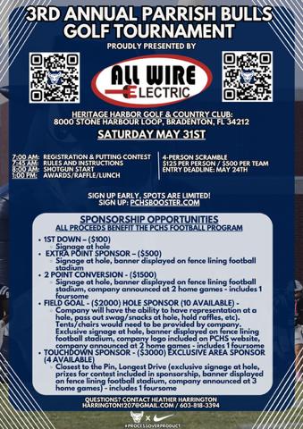 Parrish Community High School Bulls FB (@pchsbullsfb) on Twitter photo Come out and support <a href="/PCHSBULLSFB/">Parrish Community High School Bulls FB</a> at its 3rd annual Parrish Bulls golf tournament sponsored by All Wire Electric on Saturday, May 31, 2025 at the Heritage Harbor Golf and Country Club.
Use the link below to sign up for the tournament or to donate.
pchsbooster.com/event-info/3rd… Come out and support <a href="/PCHSBULLSFB/">Parrish Community High School Bulls FB</a> at its 3rd annual Parrish Bulls golf tournament sponsored by All Wire Electric on Saturday, May 31, 2025 at the Heritage Harbor Golf and Country Club.
Use the link below to sign up for the tournament or to donate.
pchsbooster.com/event-info/3rd…
