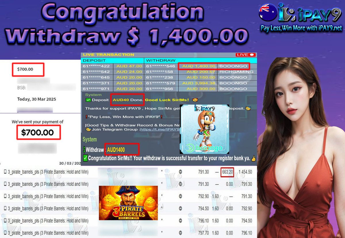 🇦🇺🎖𝐢𝗣𝗔𝗬𝟵 𝗖𝘂𝘀𝘁𝗼𝗺𝗲𝗿 𝗪𝗶𝘁𝗵𝗱𝗿𝗮𝘄 🎖🇦🇺

💰Customer Deposit - AUD 40.00
💰Customer Withdraw -  AUD 1,400.00
💻Platform -  BNG-BOOONGO
🎮Game -3 PIRATE BARRELS

"Pay Less, Win More with iPAY9.net"  REGISTER LINK ipay9aud.com/RFIPAY9TWITTER