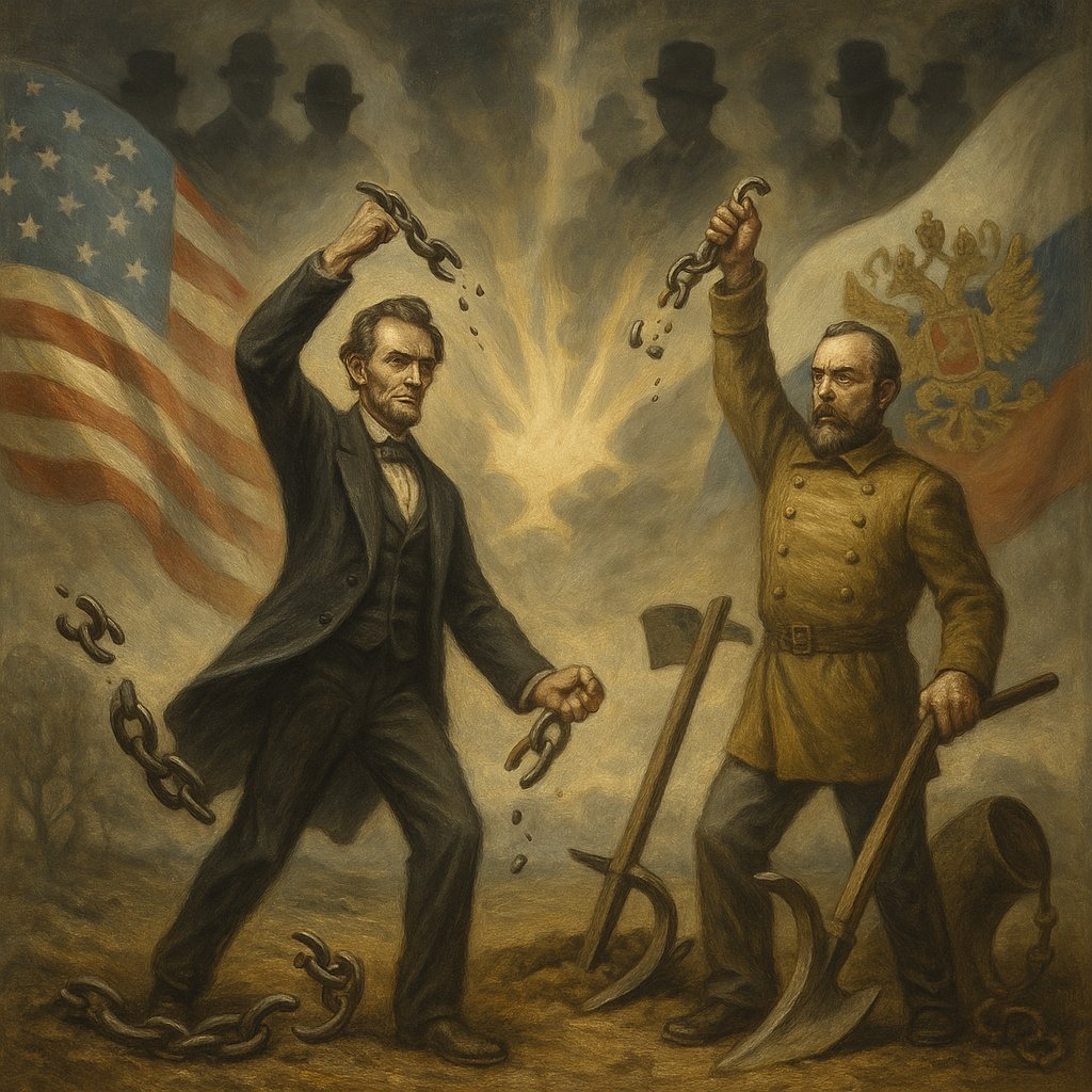 10. Lincoln’s fight wasn’t just military or monetary, it was civilizational. 🛡️
Alexander II had freed the serfs in 1861.
Lincoln was moving to abolish slavery.
Two empires, both in upheaval, both resisting foreign manipulation.
Their bond was more than strategy. it was symbolic.