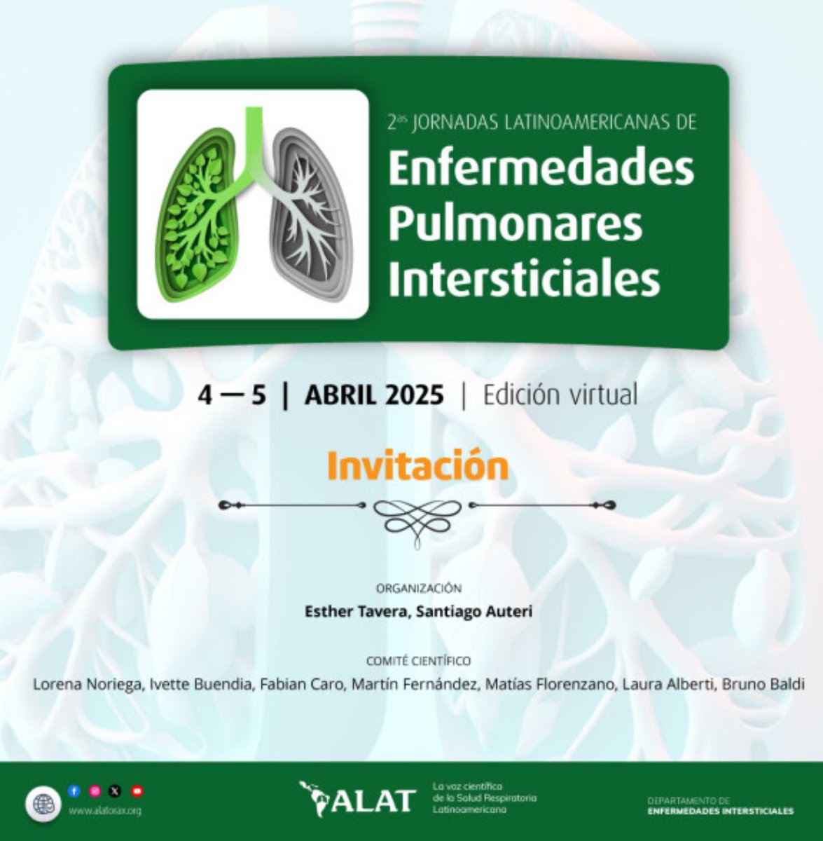 Te esperamos ! 4 y 5 de abril . 2 da jornadas Latinoamericanas de actualización en Enfermedades Pulmonares Intersticiales !
Link de inscripción:

alatorax.org/es/eventos/2as…
