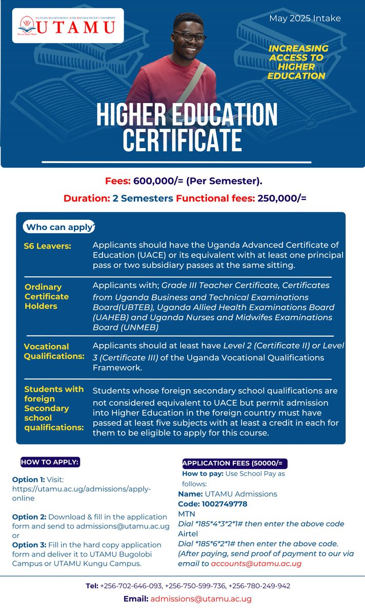 Did you finish Senior Six but didn’t get direct entry into university? Don’t worry, your journey to Higher Education is still within reach at <a href="/utamu_uni/">UTAMU</a>  

Undergraduate link: utamu.ac.ug/admissions/app……………