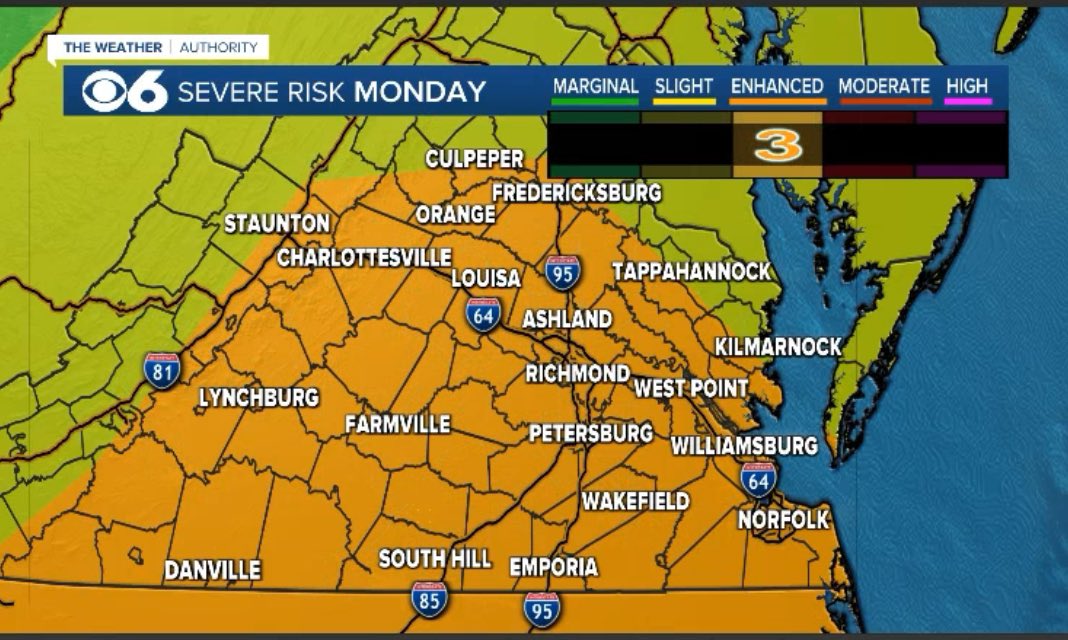Monday afternoon and evening (4 PM - 10 PM), an Enhanced threat (level 3) for severe weather. All modes possible: hail, wind, and tornadoes.