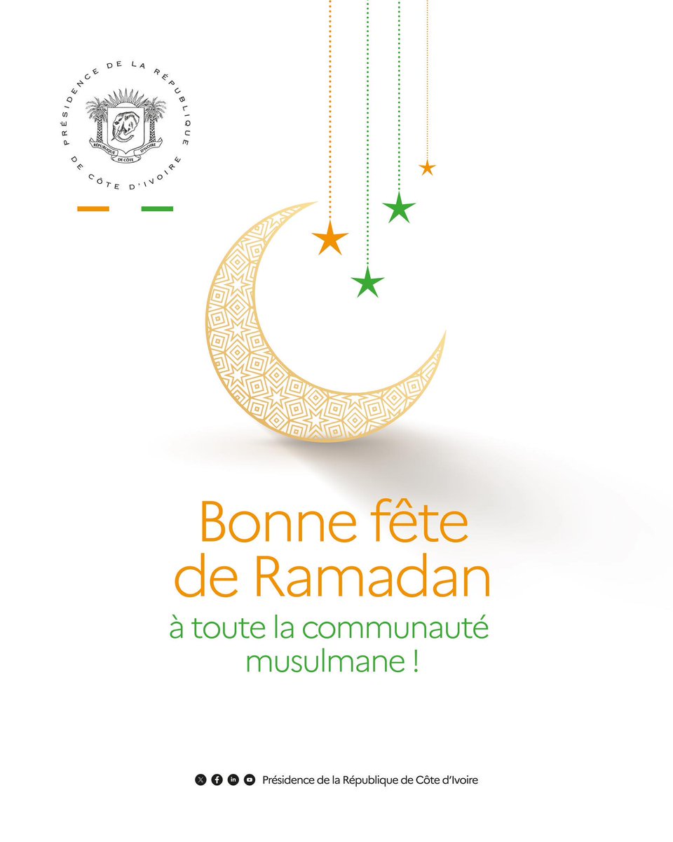 AOuattara_PRCI's tweet photo. À l'occasion de la célébration de l'Aïd el-Fitr, j'adresse des voeux chaleureux de santé, de bonheur et de paix à tous les Ivoiriens et à tous les habitants de notre beau pays.   

Excellente Fête de Ramadan à toutes et à tous ! https://t.co/sN4qgeana3