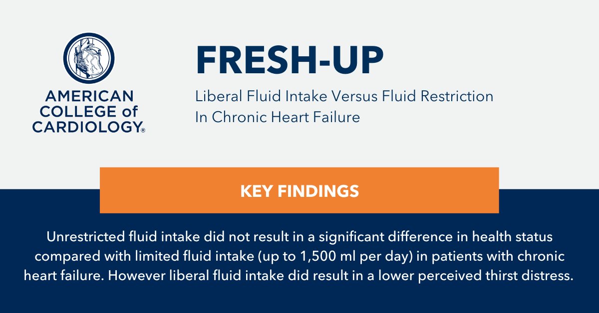 Limiting fluid intake may have no benefit for patients with #HeartFailure, according to findings from the FRESH-UP study presented during a Late-Breaking Clinical Trial session at #ACC25.

Check out the key findings ➡️ bit.ly/3DYGHEl