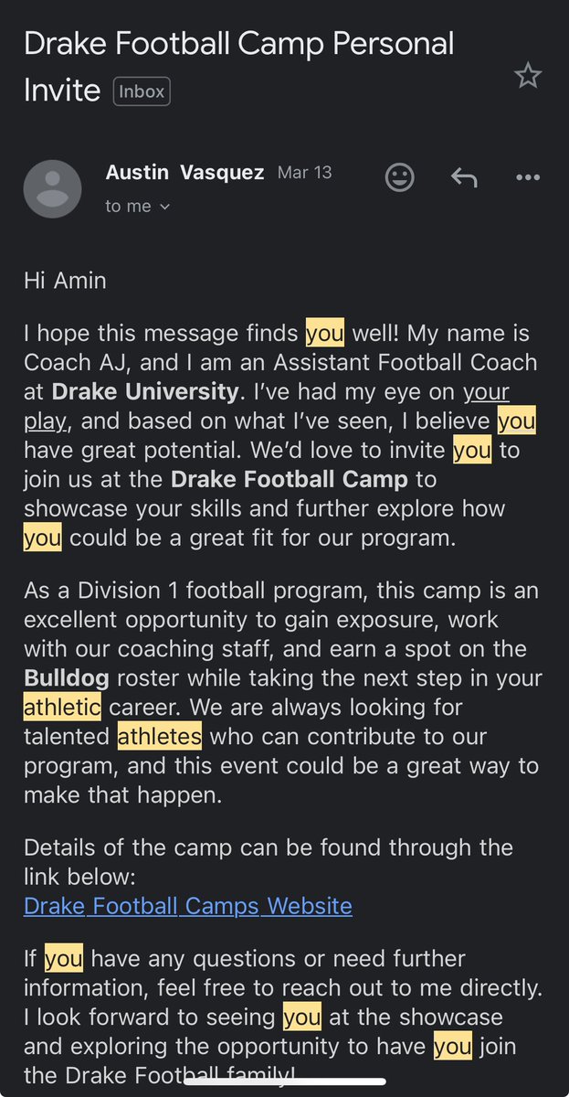 Thanks For The Personal Invite to Drake Football camp <a href="/Coach_VasquezAJ/">A.J. Vasquez</a>