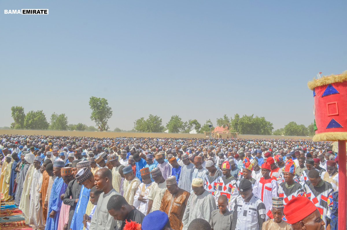 BamaCouncil's tweet photo. His Royal Highness The Shehu of Bama, (Dr.) Umar Kyari Umar El-Kanemi, joins other Muslim Faithfuls at the Bama Eid Ground this morning to observe the two raka’at Eid-al-Fitr Prayer, which was led by the Deputy Imam Idaini of Bama, Shettima Ahmad Imam. https://t.co/1Gsv1nQFgE