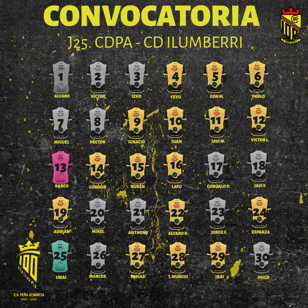 #CONVOCATORIA. Aquí os dejamos los convocados para el partido de esta tarde en el Miguel Sola.

Aúpa Peña!!

#100añosdehistoriaconstruyamoselfuturo