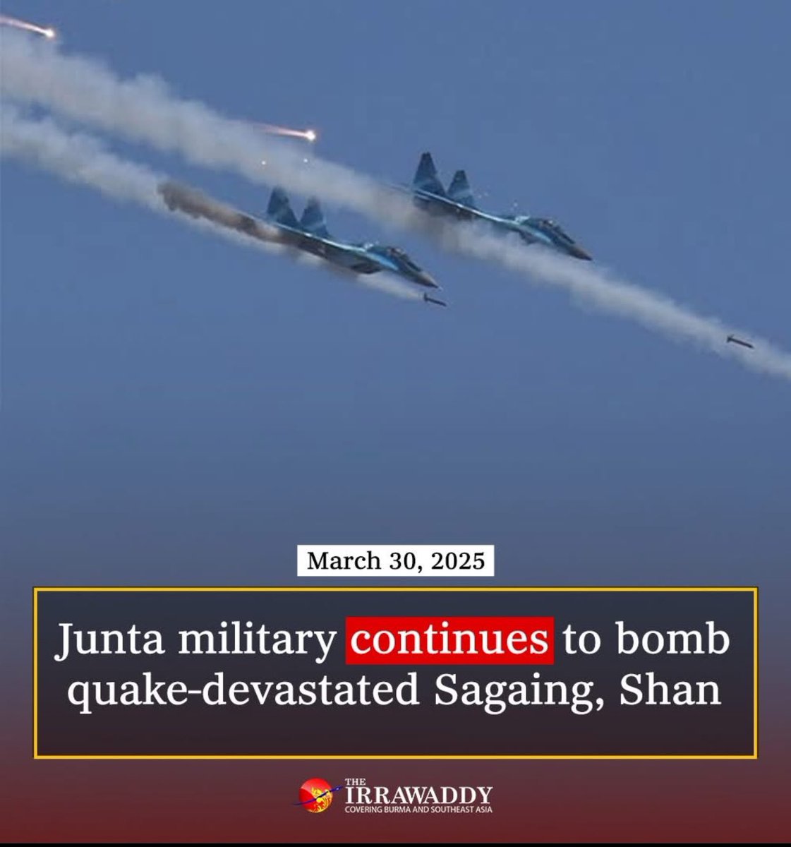 sfrw23's tweet photo. Myanmar’s junta is still bombing in spite of a devastating earthquake and a ceasefire announced by some opponents in the face of the disaster, reports @IrrawaddyNews. Air raids even took place near the epicentre as well as northern Shan State, it said. #WhatsHappeningInMyanmar https://t.co/WjESUDU71O