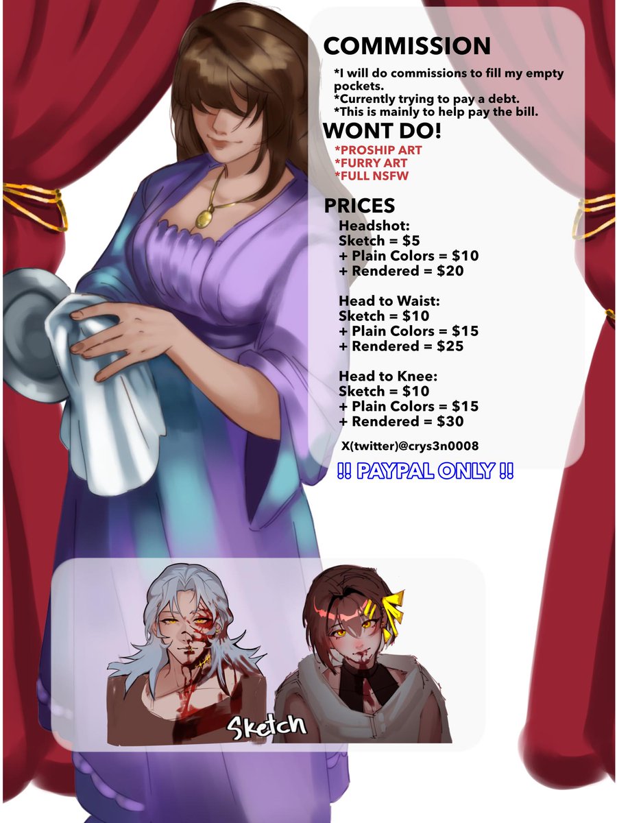 I'll put this here. . .
In case someone actually wants to commission a broke artist.

#commissionsopen #commissionart