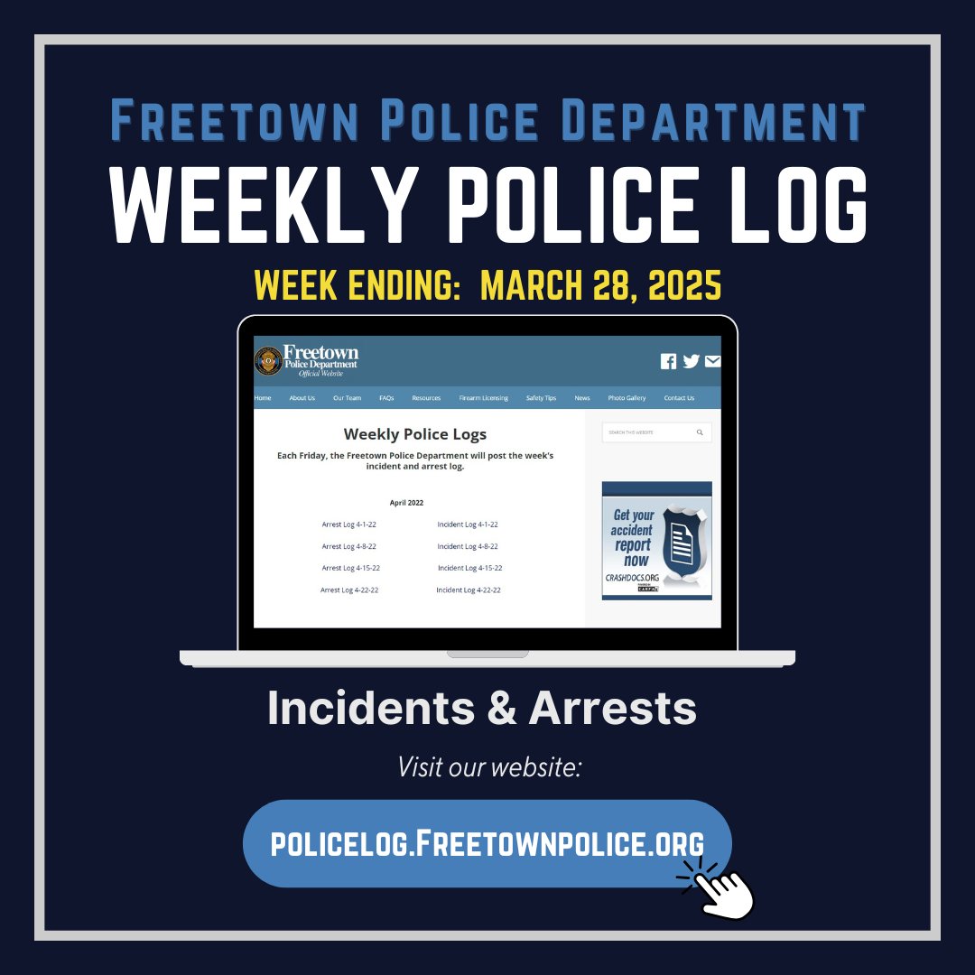 FreetownPD's tweet image. The Weekly Incident & Arrest Log has been posted on our website.
💻🖱 policelog.freetownpolice.org
#freetownpdlog #freetownma
