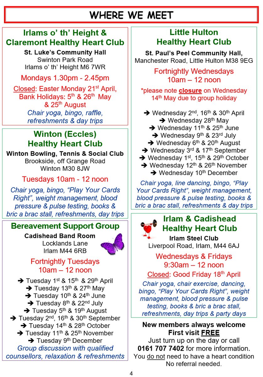 Please find attached the latest edition of Salford Heart Care’s “The Pulse” newsletter.

The newsletter contains news and information, as well as details of meeting dates and locations for our clubs across Salford – new members are always welcome to join us.