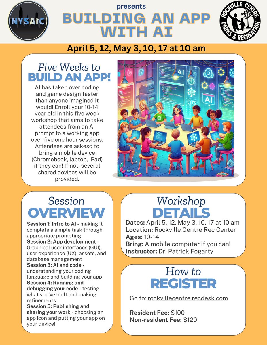 Putting my money where my mouth is. If you live in or around Rockville Centre, this might be of interest. I’m volunteering but they charge a fee to cover the overhead. Your child will walk away knowing how to do basic coding with AI.