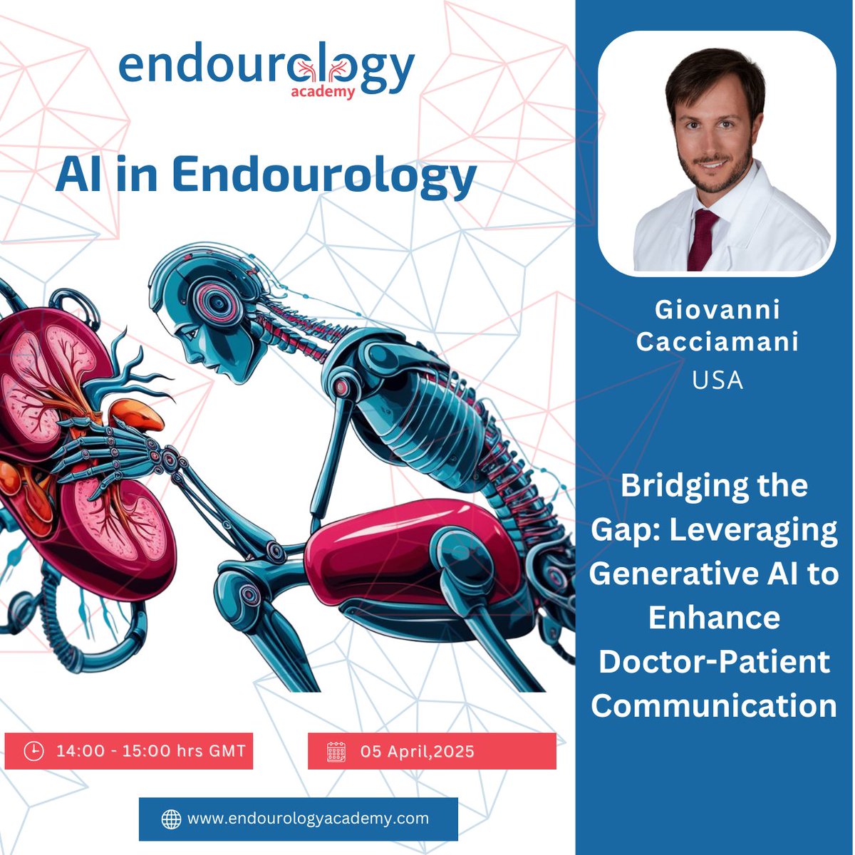 Endourology Academy (@endouroacademy) on Twitter photo <a href="/Cacciamani_MD/">Dr. Giovanni E Cacciamani MD MSc FEBU ๐ฎ๐น๐บ๐ธ๐ช๐บ</a> joins the #Endourology Academy Webinar to discuss:
Generative AI for Letter Generation & Patient Info Leaflets
Discover how AI can streamline communication in urology practice.
๐
05 April 2025 |
โฐ 16:00 CET (14:00 GMT)
๐ Register now: endourologyacademy.com/webinar/24 <a href="/Cacciamani_MD/">Dr. Giovanni E Cacciamani MD MSc FEBU ๐ฎ๐น๐บ๐ธ๐ช๐บ</a> joins the #Endourology Academy Webinar to discuss:
Generative AI for Letter Generation & Patient Info Leaflets
Discover how AI can streamline communication in urology practice.
๐
05 April 2025 |
โฐ 16:00 CET (14:00 GMT)
๐ Register now: endourologyacademy.com/webinar/24