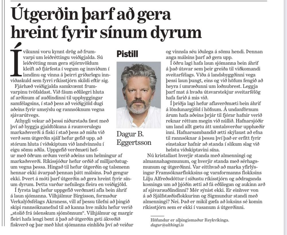 Komið hefur í ljós að gefið hefur verið upp helmingi of lágt verð á fiski upp úr sjó við útreikning veiðigjalda, uppgjör við sjómenn og álagningu hafnargjalda. Sjómenn, hafnir, sveitarsjóðir og ríkissjóður hafa borið skarðan hlut frá borði. Útgerðin geri hreint fyrir sínum dyrum!