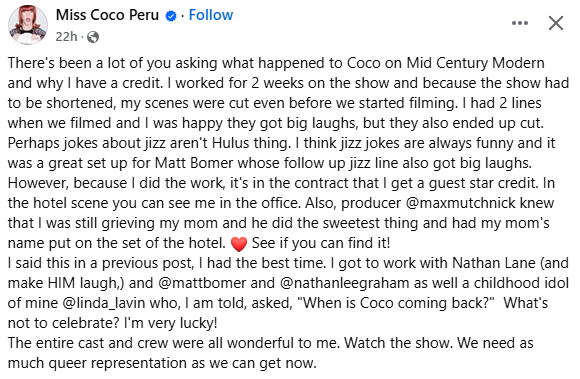 Moffel83's tweet photo. Coco Peru on why she has a credit for Mid-Century Modern's pilot episode but isn't in it (though you can see her at the desk at the Chauvette Inn if you look closely)
#MidCenturyModern #CocoPeru https://t.co/FqGx6V0hwg