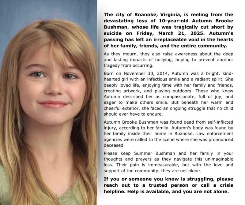JonathanSackett's tweet photo. The Bushman family has asked for their daughter's story to be shared to help save lives. Autumn took her own life at 10 yrs old because of bullying. 10 yrs old. This is heartbreaking. https://t.co/XThfOe6JCF