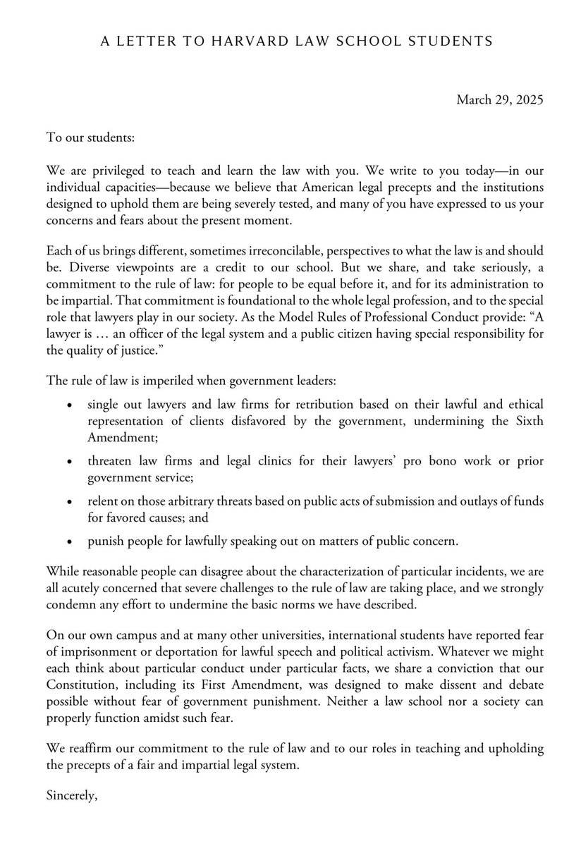 Letter signed by 90 law professors at Harvard Law School explaining the lawlessness of the Trump administration‘s attack on the legal profession.
