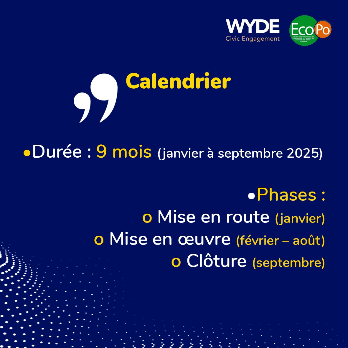 🌍 #EcoPô
 Un projet structuré sur 9 mois pour une gouvernance durable ! ⏳

📌 Phases clés :
✅ Janvier : Lancement
🚀 Février – Août : Mise en œuvre
🏁 Septembre : Clôture

<a href="/YouthCohort/">Youth Democracy Cohort</a> <a href="/ayissi_yannick/">Yannick Martial Ayissi</a> <a href="/Jmchataigner/">Jean-Marc Châtaigner 🇪🇺</a> 

#WYDEngagement #EcoPô