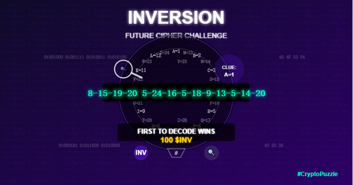 Inversion_cloud's tweet image. Future cipher cracked:
8-15-19-20
5-24-16-5-18-9-13-5-14-20
(Clue: A=1)
First to decode gets 100 $INV 🔍 #CryptoPuzzle #pumpfun #sol