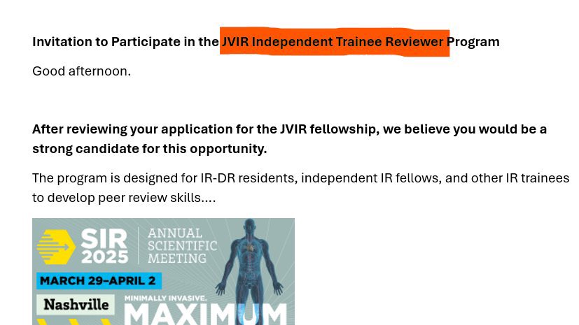 Leila Haghani, MD MPH (@dr_leila_irad) on Twitter photo Last year at #SIR2024SLC, I wished to becom a JVIR reviewer. This year at #SIR25NASH, I'm thrilled to announce I've been selected as an invited JVIR Trainee Reviewer 🎉
Incredibly grateful for this opportunity to contribute to our field!
<a href="/SIRspecialists/">Society of Interventional Radiology</a> #Radiology #SIRRfS Last year at #SIR2024SLC, I wished to becom a JVIR reviewer. This year at #SIR25NASH, I'm thrilled to announce I've been selected as an invited JVIR Trainee Reviewer 🎉
Incredibly grateful for this opportunity to contribute to our field!
<a href="/SIRspecialists/">Society of Interventional Radiology</a> #Radiology #SIRRfS