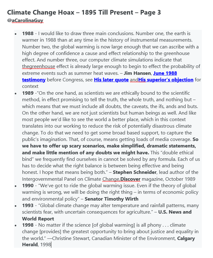 ACarolinaGuy's tweet photo. 🚨120 Years of False, Man-Made Global Warming ... umm, this is awkward, I mean... Global Cooling ... umm, wait, Climate Change lies! 🥴
Full text and links in replies - 4 Page Summary below