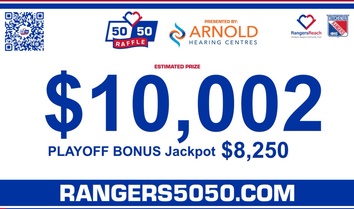 Rangers Reach (@rangersreachwr) on Twitter photo JACKPOT OVER $10,000! π°π΅
Get your game 2 50/50 tickets online or at the <a href="/OHLRangers/">Kitchener Rangers</a> game! BONUS PRICING + PLAYOFF BONUS IN EFFECT!
ποΈ Rangers5050.com JACKPOT OVER $10,000! π°π΅
Get your game 2 50/50 tickets online or at the <a href="/OHLRangers/">Kitchener Rangers</a> game! BONUS PRICING + PLAYOFF BONUS IN EFFECT!
ποΈ Rangers5050.com