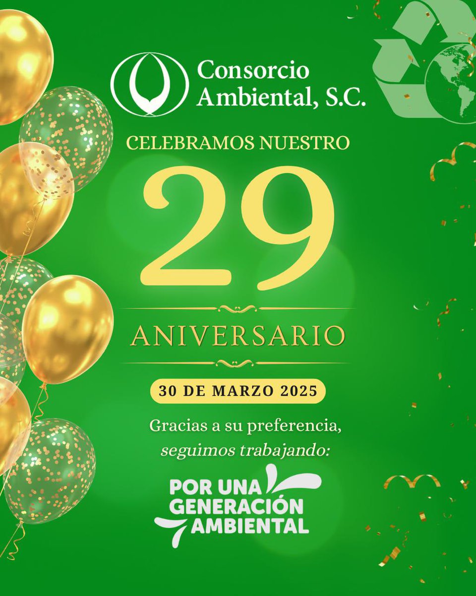 Celebramos nuestro aniversario número 29 de Consorcio Ambiental ♻️⭐️💚✨✅

A todos nuestros colaboradores y clientes: Muchas Gracias por su preferencia 🙏🏻
Seguiremos trabajando 
#PorUnaGeneraciónAmbiental
