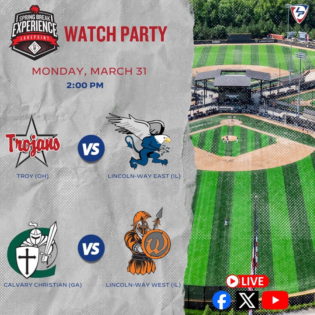LakePoint Sports (@lakepointsports) on Twitter photo .<a href="/prepbaseball/">Prep Baseball</a> Spring Break Experience Watch Party, 𝗟𝗜𝗩𝗘 from LakePoint Sports
⚾ <a href="/troyohbaseball/">Troy Trojans Baseball</a> 🆚 <a href="/LWEastBaseball/">LW East Baseball</a>
⚾ <a href="/theccsbaseball/">Calvary Knights</a> 🆚 <a href="/LWWestBaseball/">LWW Baseball</a>
📅 Monday
⏰ 2 PM ET
🎙️ <a href="/coryjmccartney/">Cory McCartney</a>, <a href="/GraysonRosen/">Grayson Rosen</a> and more
📺 Free on Facebook, X and YouTube
<a href="/PrepBaseballOH/">Prep Baseball Ohio</a> | .<a href="/prepbaseball/">Prep Baseball</a> Spring Break Experience Watch Party, 𝗟𝗜𝗩𝗘 from LakePoint Sports
⚾ <a href="/troyohbaseball/">Troy Trojans Baseball</a> 🆚 <a href="/LWEastBaseball/">LW East Baseball</a>
⚾ <a href="/theccsbaseball/">Calvary Knights</a> 🆚 <a href="/LWWestBaseball/">LWW Baseball</a>
📅 Monday
⏰ 2 PM ET
🎙️ <a href="/coryjmccartney/">Cory McCartney</a>, <a href="/GraysonRosen/">Grayson Rosen</a> and more
📺 Free on Facebook, X and YouTube
<a href="/PrepBaseballOH/">Prep Baseball Ohio</a> |