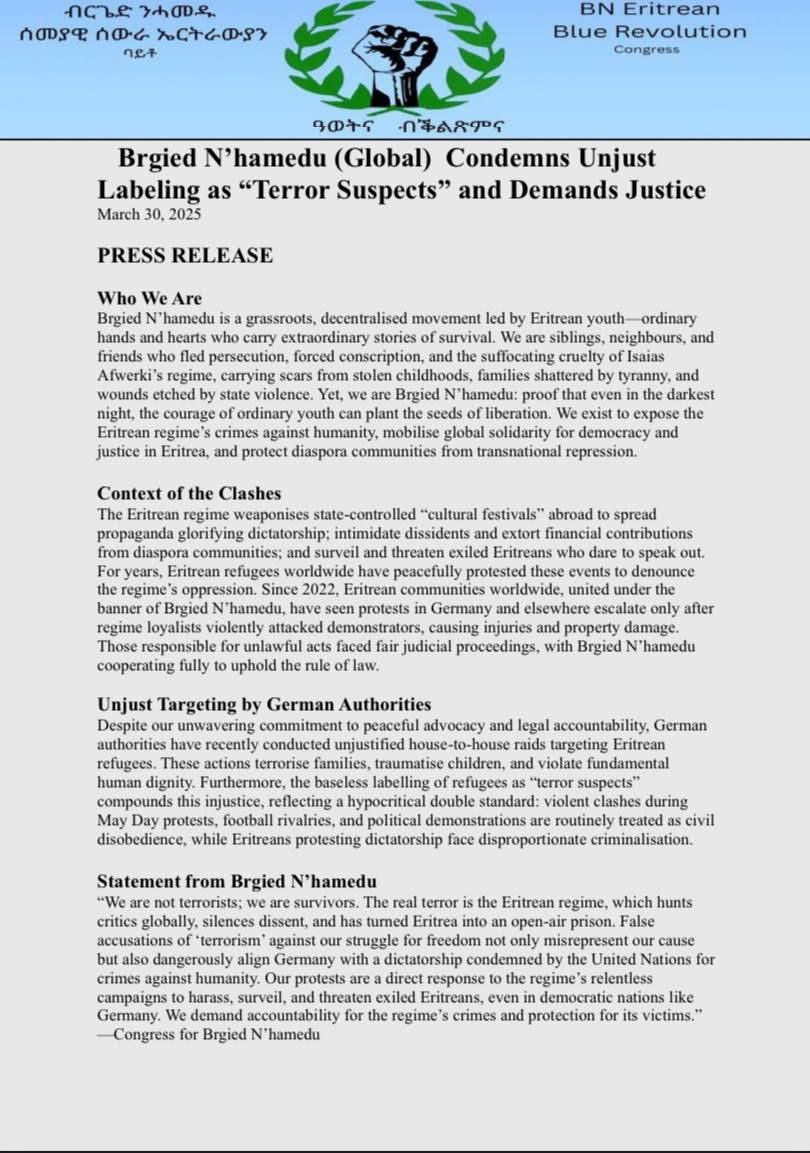 Felemawi Gaim (@phelemawi) on Twitter photo We are #Eritrean justice seeking youth resisting dictatorship and fighting for justice. Misinformation puts lives at risk. <a href="/GBA_b_BGH/">Bundesanwaltschaft</a> must end the unjust targeting and correct the record. Read our full statement. #TransnationalRepression #NoMorePFDJPropaganda #NoMorePFDJTerror We are #Eritrean justice seeking youth resisting dictatorship and fighting for justice. Misinformation puts lives at risk. <a href="/GBA_b_BGH/">Bundesanwaltschaft</a> must end the unjust targeting and correct the record. Read our full statement. #TransnationalRepression #NoMorePFDJPropaganda #NoMorePFDJTerror