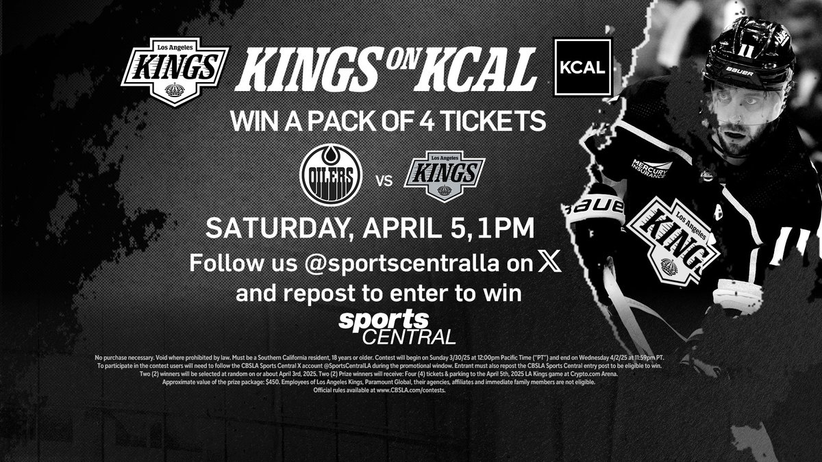 🚨KINGS vs OILERS TIX🚨

We're at it again... giving away TWO 4-packs of tickets (+ parking) to Saturday's 1pm game vs the Oilers at Crypto.com Arena!

Just follow us on X &amp; repost this to enter

Contest ends Wednesday at 11:59pm

Rules: cbsnews.com/losangeles/new…