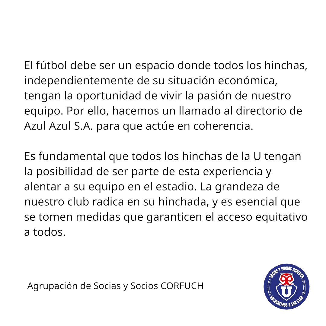 sociosCORFUCH_'s tweet photo. Comunicado de Agrupación de Socias y Socios Corfuch en relación a la modelo de venta de entradas de Azul Azul S.A. para los partidos de Copa Libertadores.
#VolveremosAserClub https://t.co/Q7BqYgOxXZ