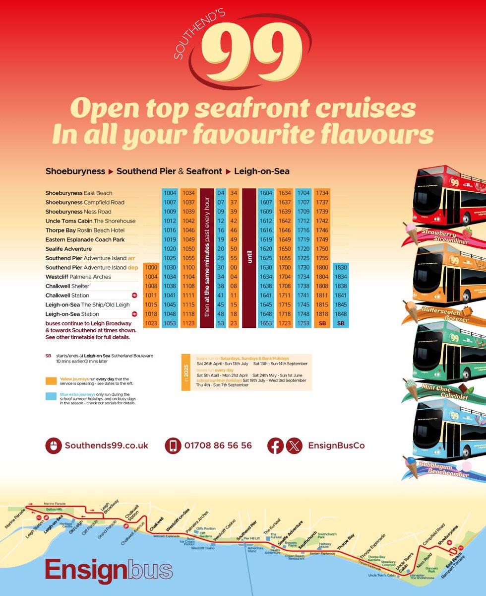 EnsignBusCo's tweet photo. 2/2.
🍦 You can enjoy an open top seafront cruise Every Hour (Every 30mins during the Summer Holidays and at busy times)
🍦 Please see the attached timetables which include dates of operation
#LeighOnSea #Chalkwell #Westcliff #Southend #Shoeburyness #OpenTop #Essex https://t.co/N7pgnVbkqa