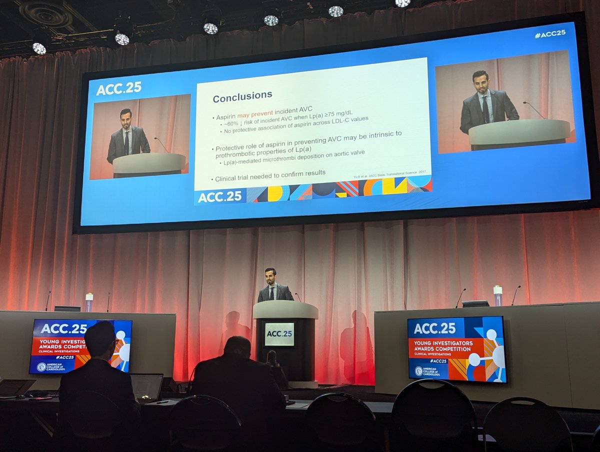 Dhruva Biswas, MD/PhD (@dhruva_biswas) on Twitter photo <a href="/ChiehJuChao1/">Chieh-Ju Chao MD, FACC</a> <a href="/ACCinTouch/">American College of Cardiology</a> <a href="/FahimeMed/">Fahime Ghanbari</a> Dr <a href="/AlexRazavi/">Alexander C. Razavi</a> presents findings from the MESA study
Aspirin use ≥3 days/wk linked to a lower hazard for incident aortic valve calcium in individuals with elevated Lp(a) ; LDL-C was not informative. Suggest further studies needed
<a href="/ACCinTouch/">American College of Cardiology</a> #ACC25 #CardioTwitter <a href="/ChiehJuChao1/">Chieh-Ju Chao MD, FACC</a> <a href="/ACCinTouch/">American College of Cardiology</a> <a href="/FahimeMed/">Fahime Ghanbari</a> Dr <a href="/AlexRazavi/">Alexander C. Razavi</a> presents findings from the MESA study
Aspirin use ≥3 days/wk linked to a lower hazard for incident aortic valve calcium in individuals with elevated Lp(a) ; LDL-C was not informative. Suggest further studies needed
<a href="/ACCinTouch/">American College of Cardiology</a> #ACC25 #CardioTwitter