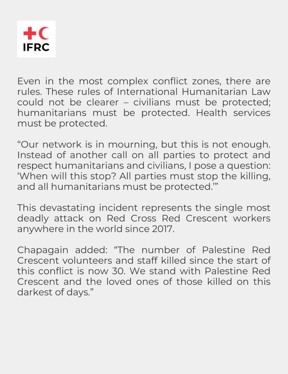 Xcastel's tweet image. Full statement: bit.ly/427LXxp

Such a painful day for humanity and for the Red Cross Red Crescent family.

We, the International Federation of Red Cross and Red Crescent Societies - IFRC  mourn the killing of eight paramedics of the PRCS Palestine Red Crescent Society.…