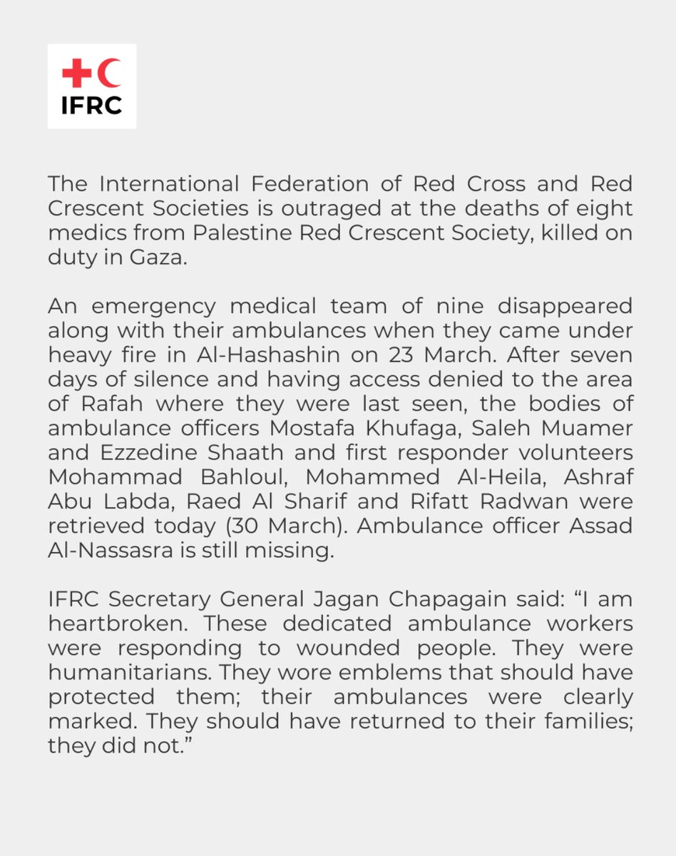 Xcastel's tweet image. Full statement: bit.ly/427LXxp

Such a painful day for humanity and for the Red Cross Red Crescent family.

We, the International Federation of Red Cross and Red Crescent Societies - IFRC  mourn the killing of eight paramedics of the PRCS Palestine Red Crescent Society.…